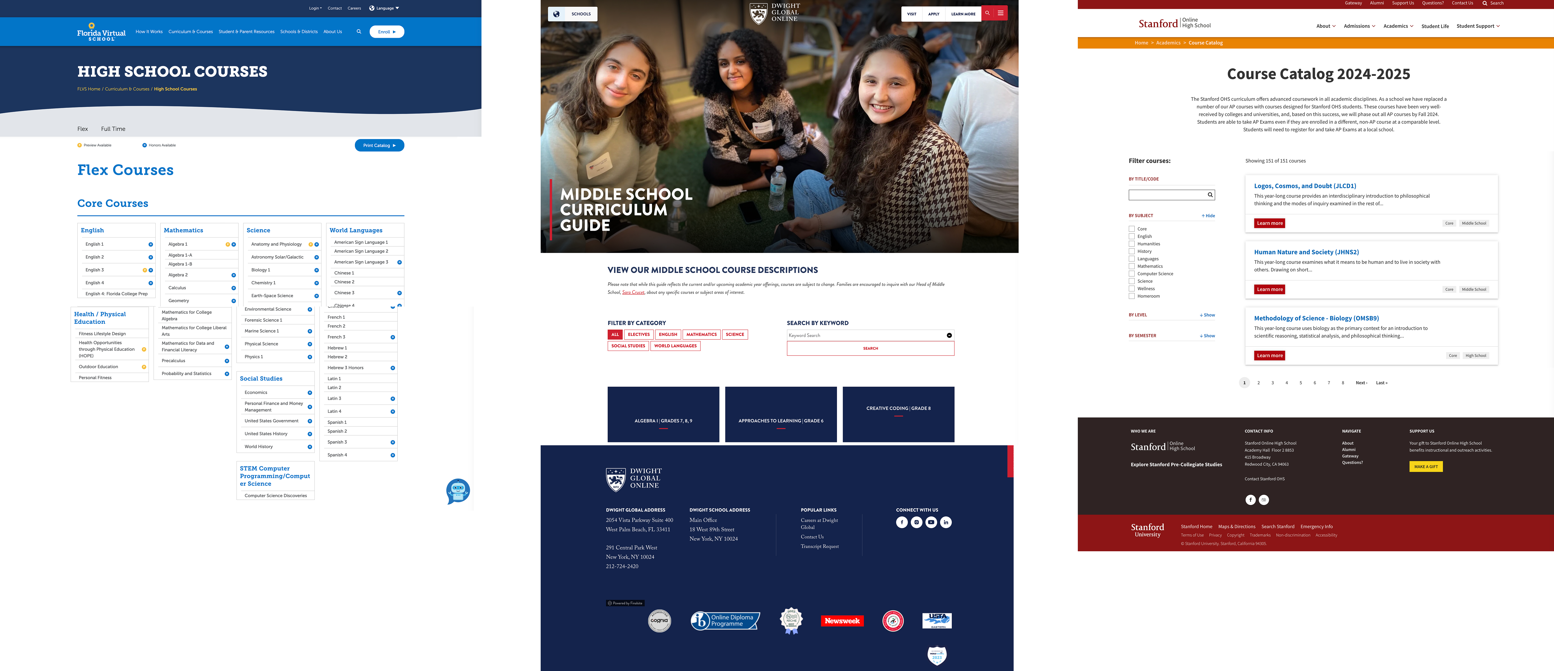 Competitive analysis — course catalog experiences from Florida Virtual School, Dwight Global Online, and Stanford Online High School