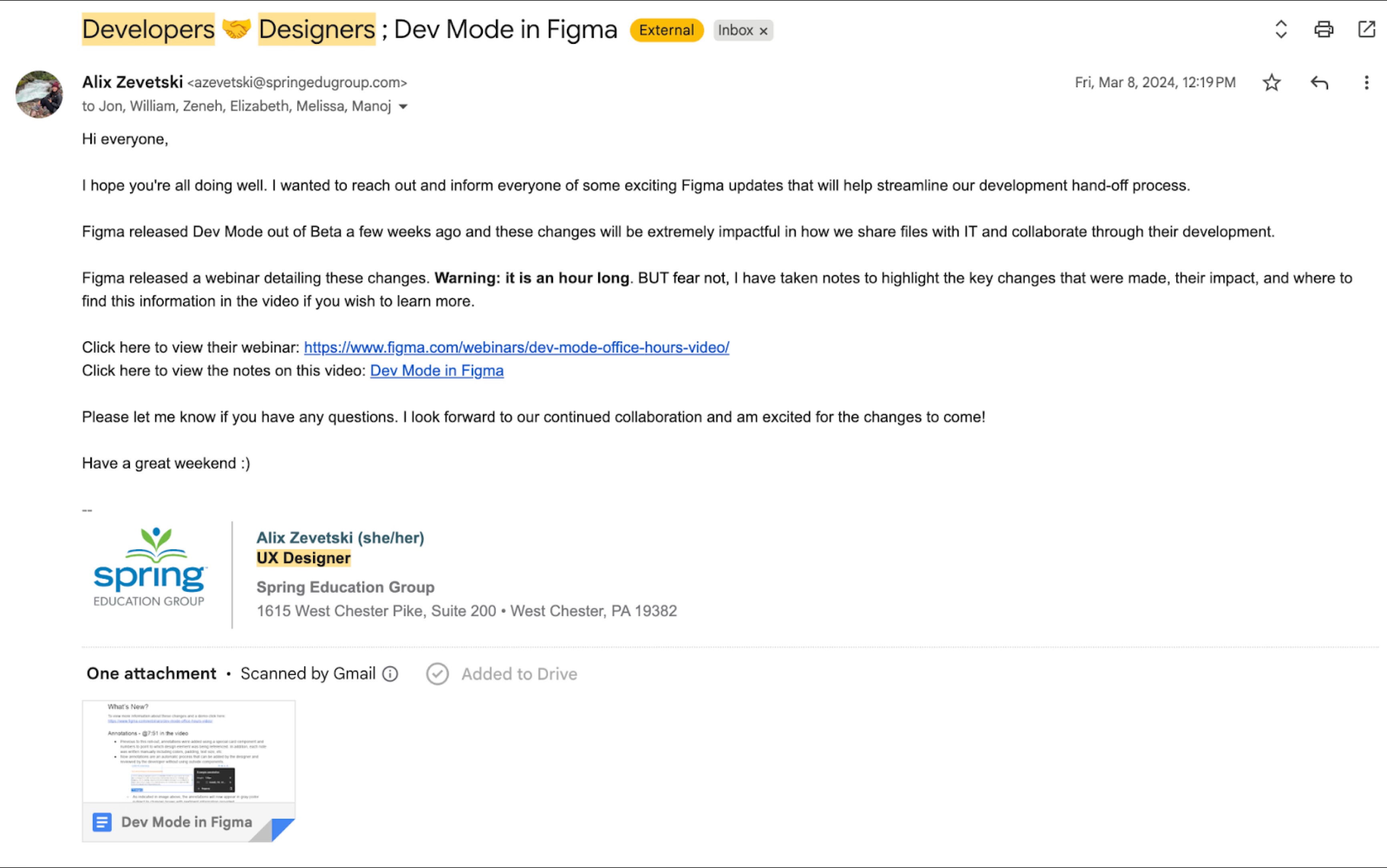Email to developers about Figma Dev Mode