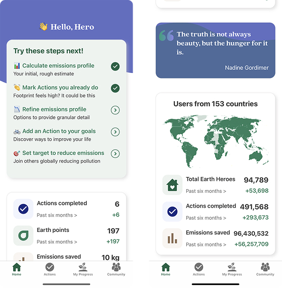 Earth Hero app before state — homepage and actions screens