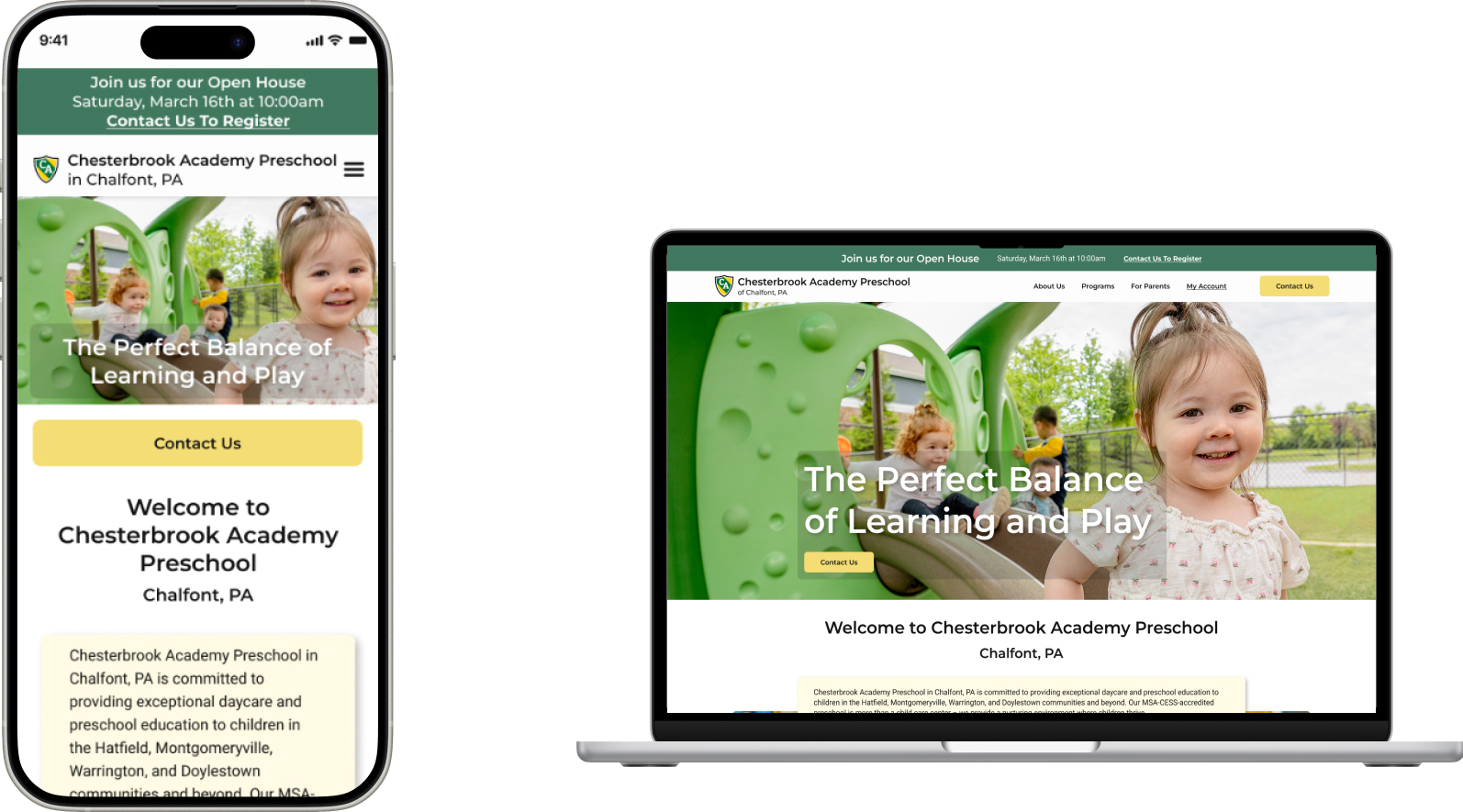 Chesterbrook Academy Preschool redesign, mobile and desktop
